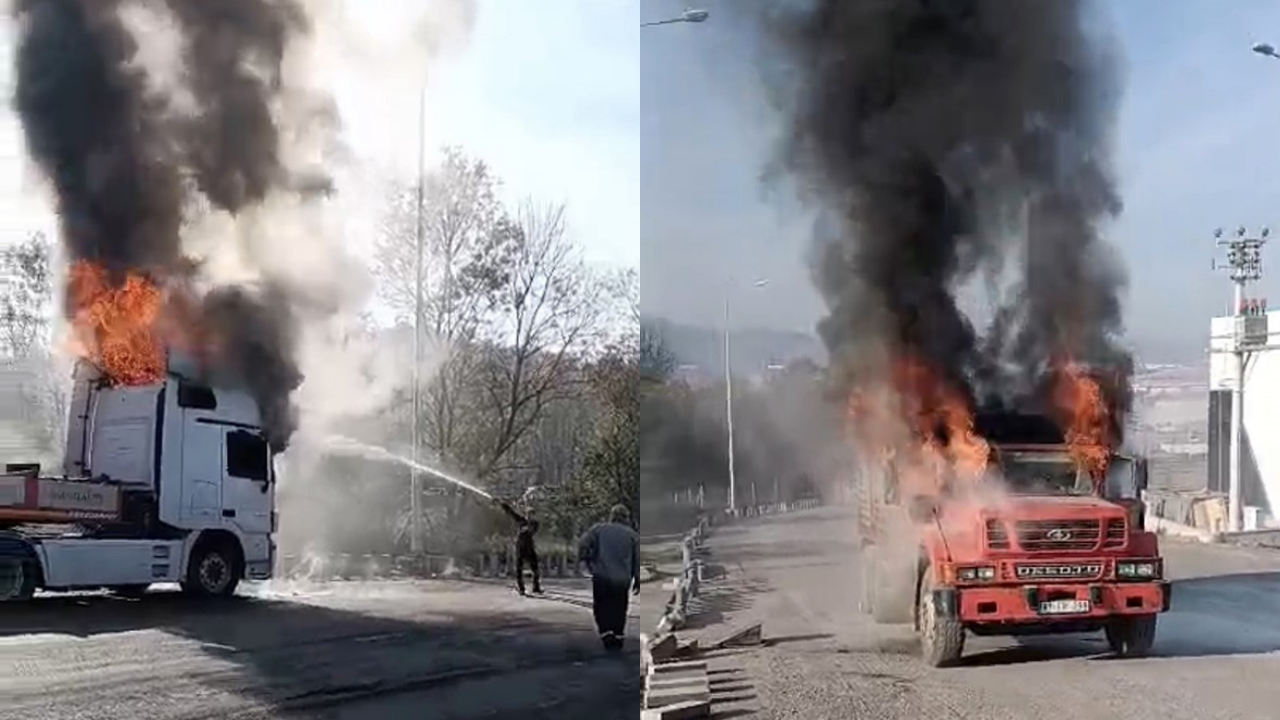 Düzce’de şaşırtan olay! Aynı yerde yarım saat arayla iki kamyon alev aldı