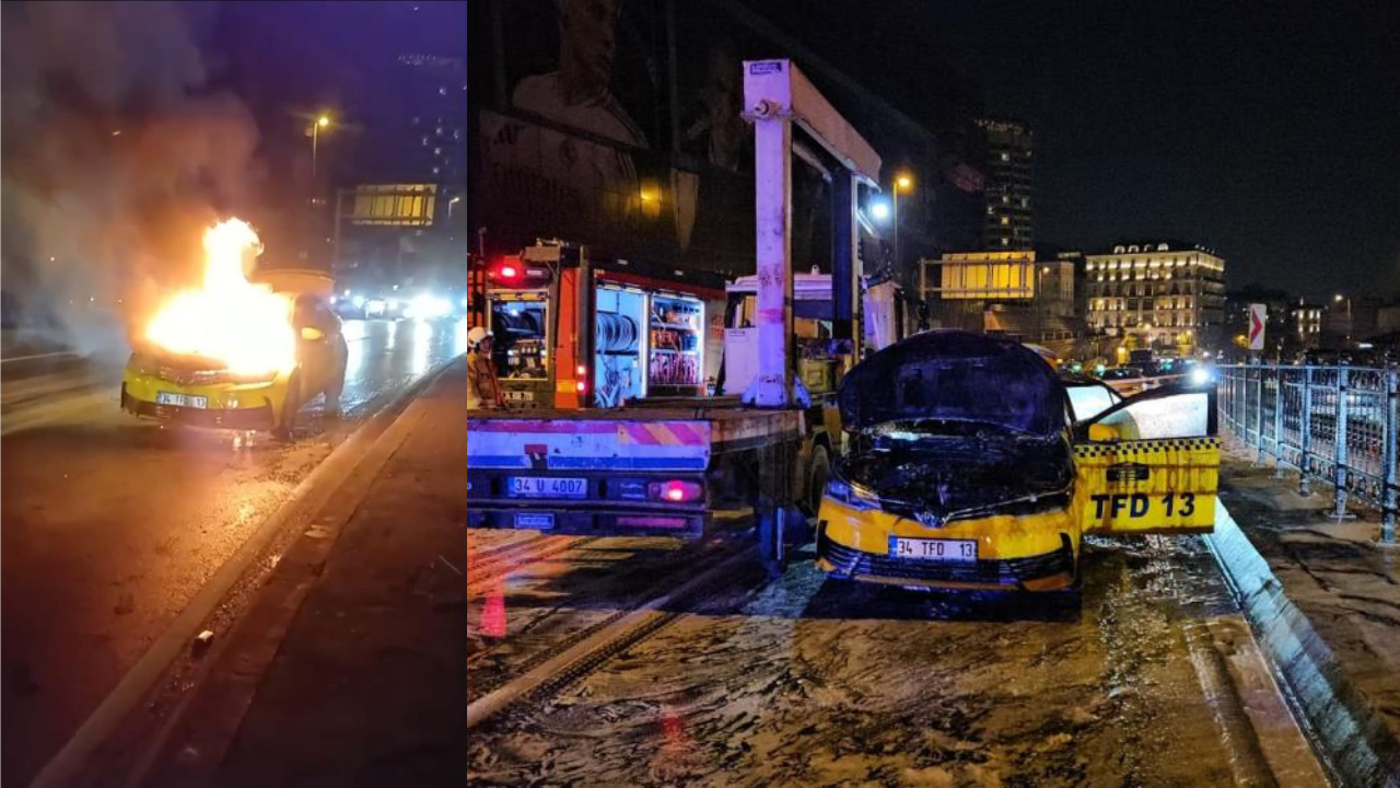 Beyoğlu’nda seyir halindeki taksi alev alev yandı