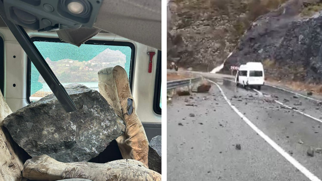 Artvin-Borçka yolu kapandı: Seyir halindeki minibüsün üzerine kaya düştü!