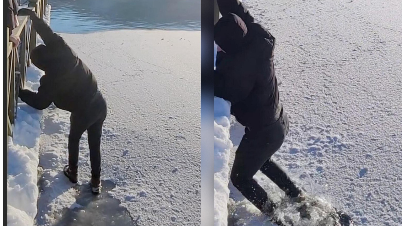 Donmuş gölde buz kırıldı, suya düşmekten son anda kurtuldu