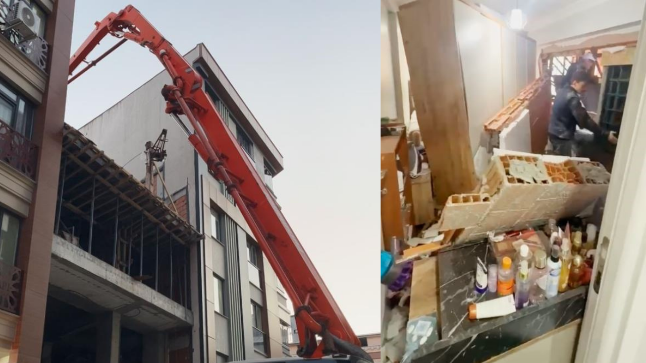 Beton dökümü sırasında korku dolu anlar: 5 katlı binada duvar çöktü