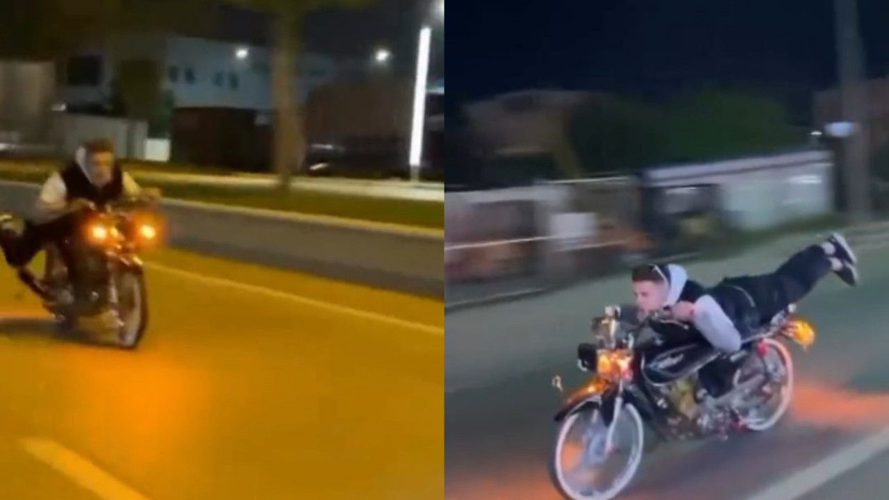 Trafikte akılalmaz şov! Motosikletin üstüne uzanmanın faturası dudak uçuklattı