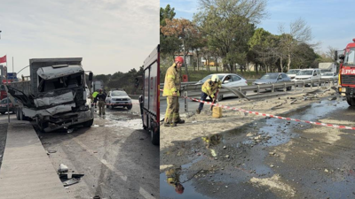 Yolu trafiğe kapatan kaza: Arnavutköy'de iki kamyon kafa kafaya çarpıştı