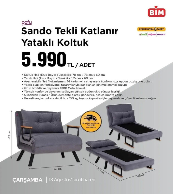 BİM'e katlanır yataklı koltuk geliyor! 13 Ağustos 2025 Çarşamba aktüel ürünler kataloğu yayınlandı - Resim: 4