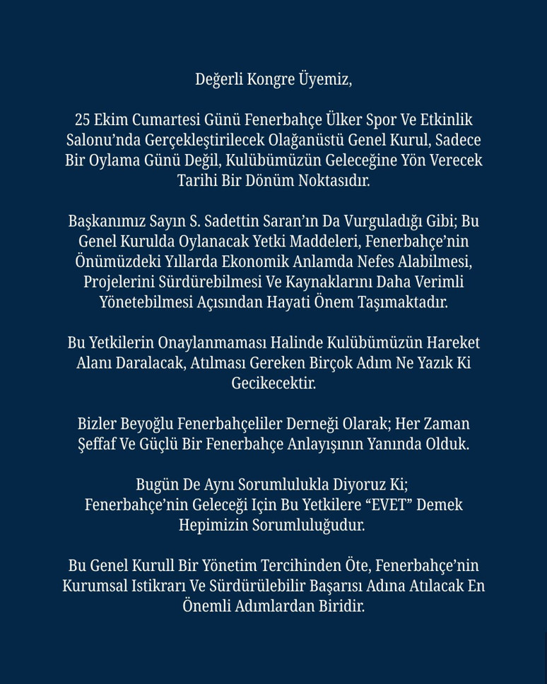 Fenerbahçe Olağanüstü Genel Kurula gidiyor! Fenerbahçeliler Derneği'nden oy çağrısı - Resim : 1