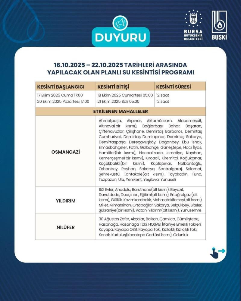 BURSA SU KESİNTİSİ OLAN İLÇELER LİSTESİ: 16-22 Ekim arasında su kesintisi uygulanacak | İşte etkilenecek ilçeler - Resim : 2