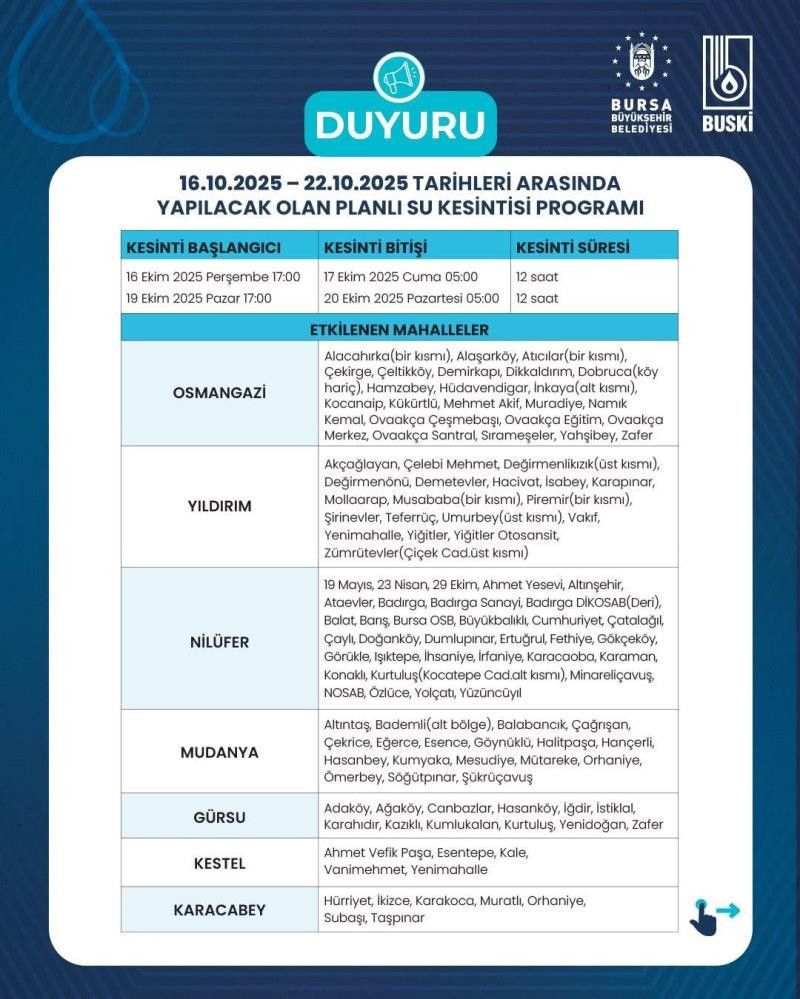 BURSA SU KESİNTİSİ OLAN İLÇELER LİSTESİ: 16-22 Ekim arasında su kesintisi uygulanacak | İşte etkilenecek ilçeler - Resim : 3