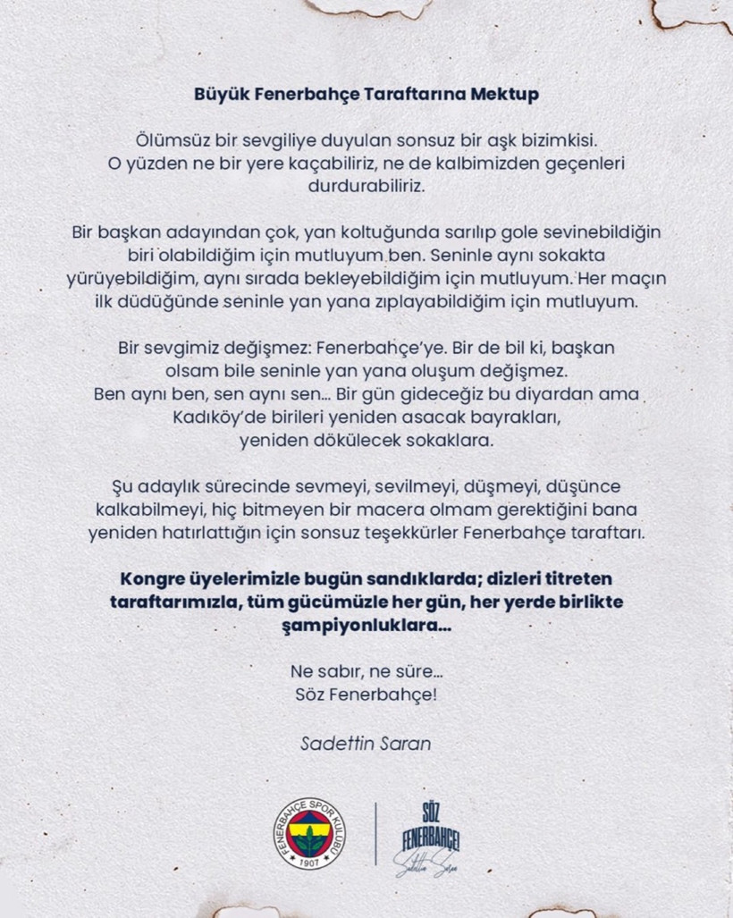 Sadettin Saran’dan Fenerbahçe taraftarına mektup: “Ne sabır, ne süre… Söz Fenerbahçe!” - Resim : 1