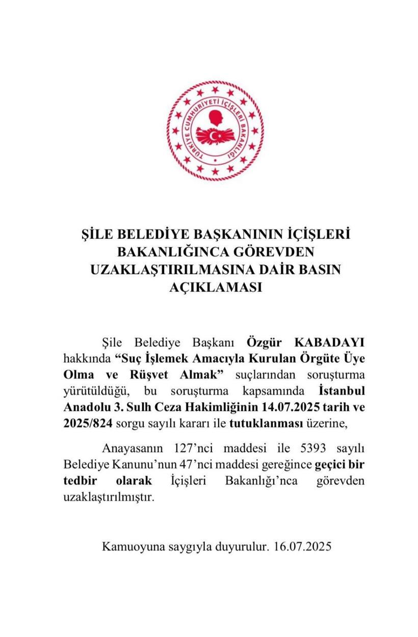 İçişleri Bakanlığı, tutuklanan Şile Belediye Başkanı Özgür Kabadayı’yı görevden uzaklaştırdı - Resim : 1
