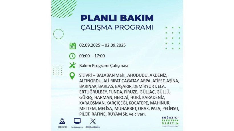 İstanbul’da elektrikler ne zaman gelecek? BEDAŞ 2 Eylül Salı günü yapılacak bakım çalışmasını duyurdu - Resim: 13