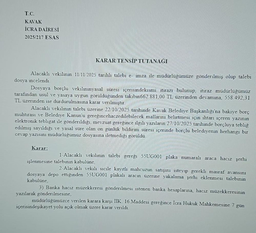 Kavak Belediyesi’nin makam aracına haciz ve yakalama kararı! - Resim : 2